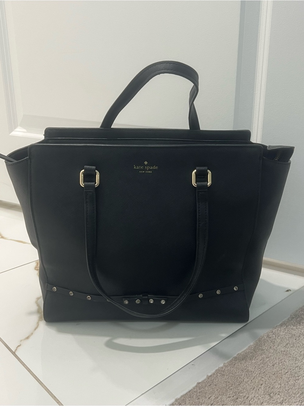 kate spade Black Saffiano Tote with Gold Hardware and Stud Detail